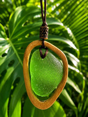 Carried by the Sea, Framed by Hand - A Fusion of Ocean and Wood - Authentic Caribbean Sea Glass Pendant Necklace