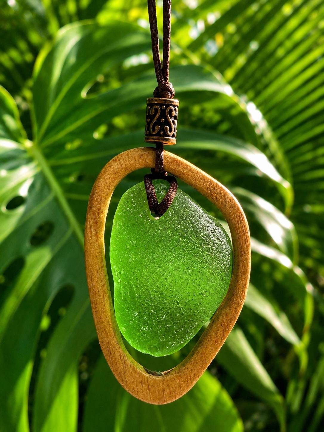 Carried by the Sea, Framed by Hand - A Fusion of Ocean and Wood - Authentic Caribbean Sea Glass Pendant Necklace