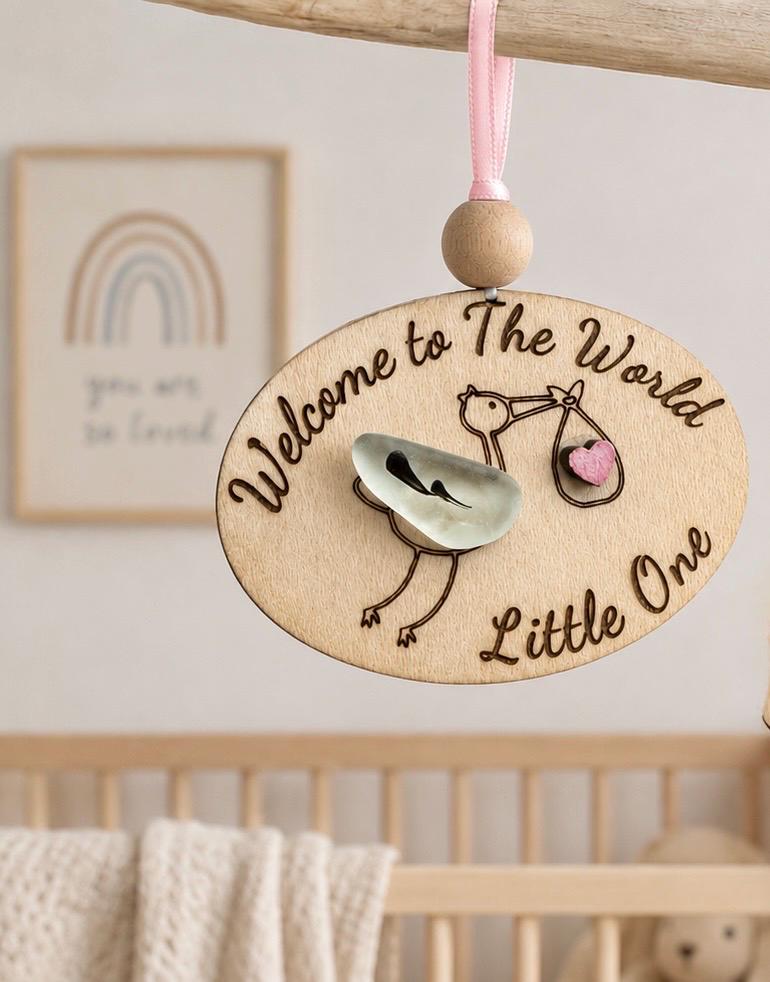 Sea Glass Baby Ornament, Wooden Welcome to the World Gift, Baby’s Shower Keepsake, Baby’s first Christmas