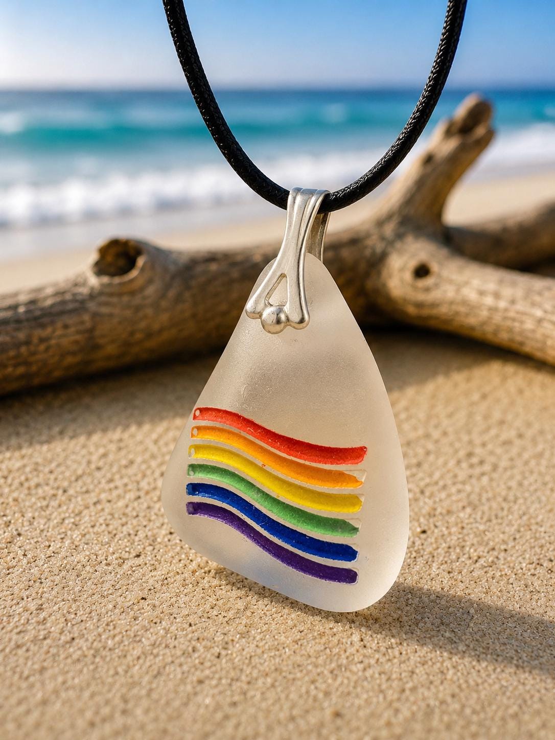 Rainbow Sea Glass Pendant: LGBTQ+ Pride Jewelry, Engraved Quote Plaque
