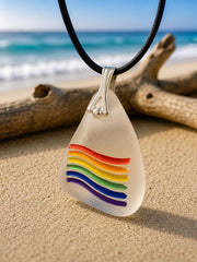 Rainbow Sea Glass Pendant: LGBTQ+ Pride Jewelry, Engraved Quote Plaque