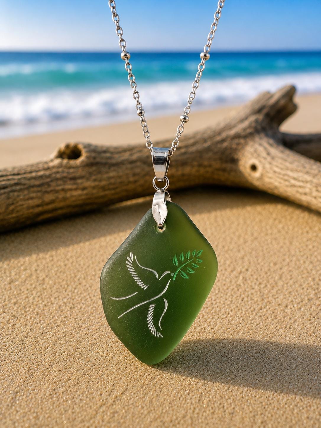 Engraved Sea Glass Pendant: Dove as Peace Symbol, Ocean Charms