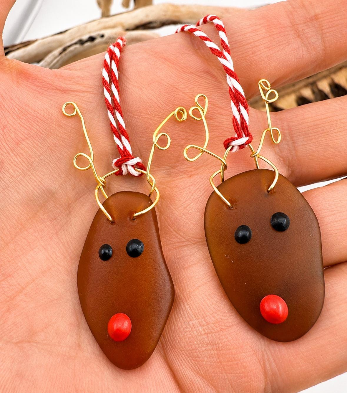 Set of 2, Sea Glass Reindeer Couple Christmas Ornaments, Handmade Coastal Holiday Decor