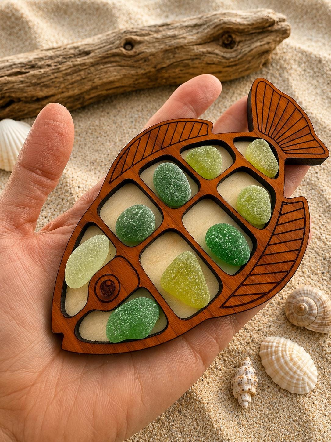 Ocean Treasure Fish™ - Interactive Sea Glass Curio Display - Genuine Caribbean Sea Glass - Coastal Decor Gift