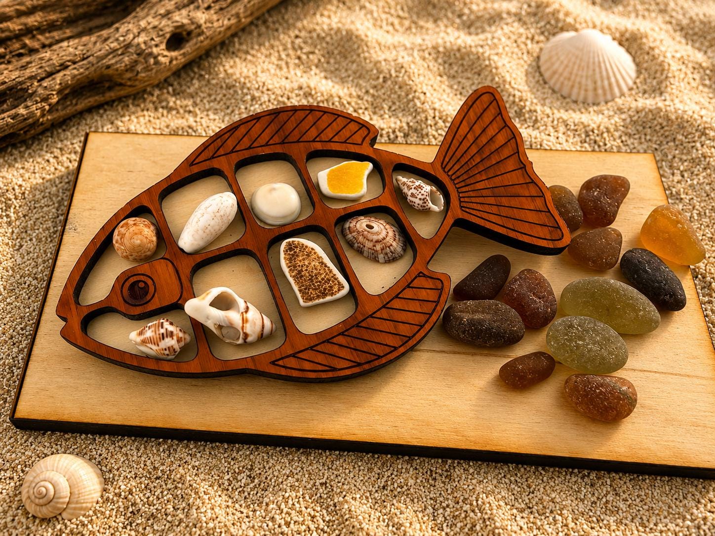 Ocean Treasure Fish™ - Interactive Sea Glass Curio Display - Genuine Caribbean Sea Glass - Coastal Decor Gift