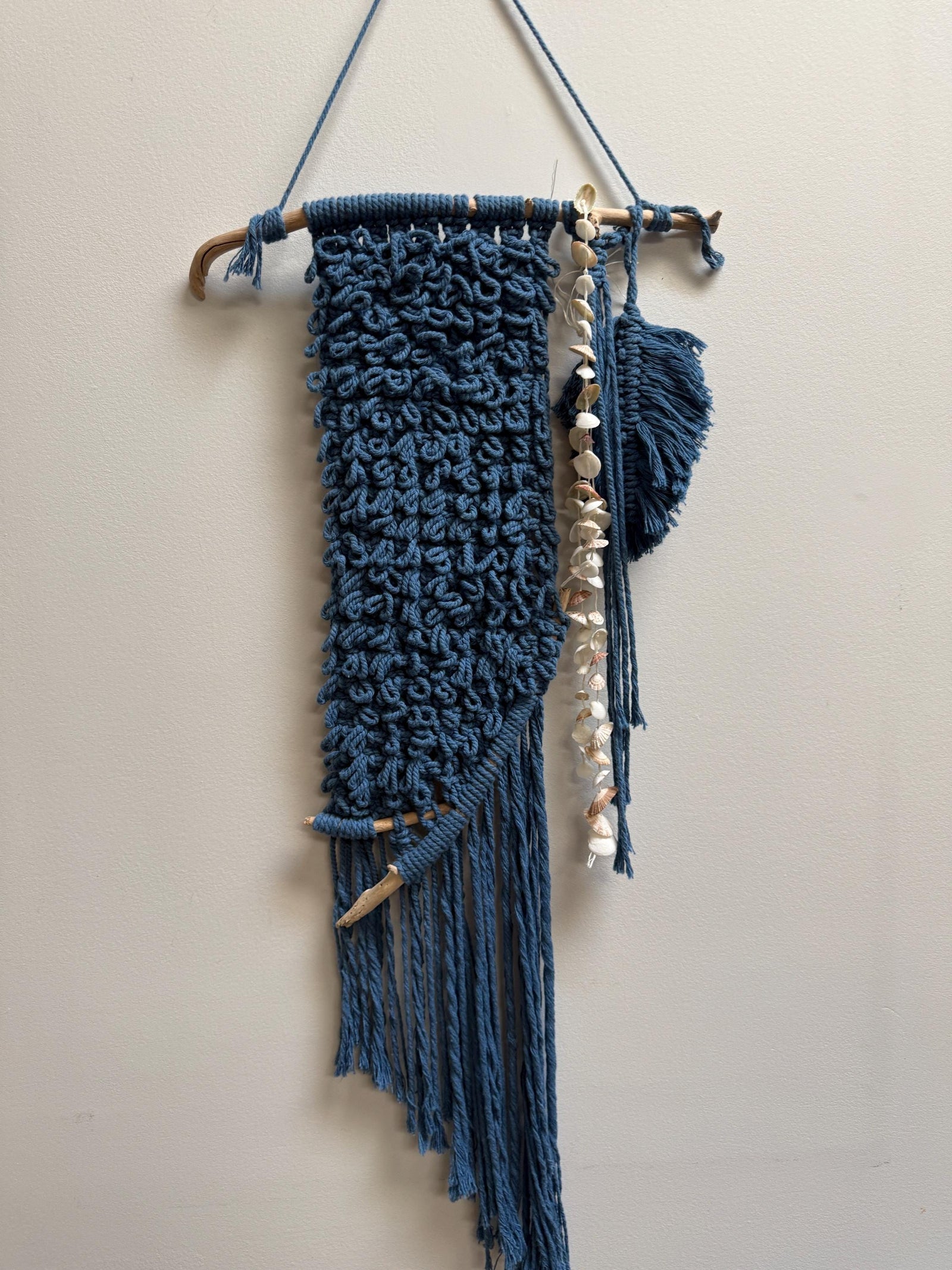 Coastal Handmafe Macrame Mixed Media Wall Hanging, Driftwood Wall Art, Ocean Blue Fiber Art, Beach House Decor, One of a Kind