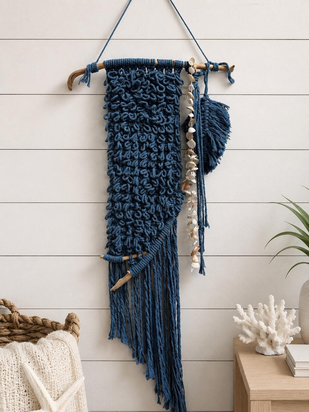 Coastal Handmafe Macrame Mixed Media Wall Hanging, Driftwood Wall Art, Ocean Blue Fiber Art, Beach House Decor, One of a Kind