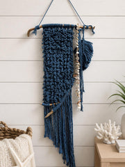 Coastal Handmafe Macrame Mixed Media Wall Hanging, Driftwood Wall Art, Ocean Blue Fiber Art, Beach House Decor, One of a Kind