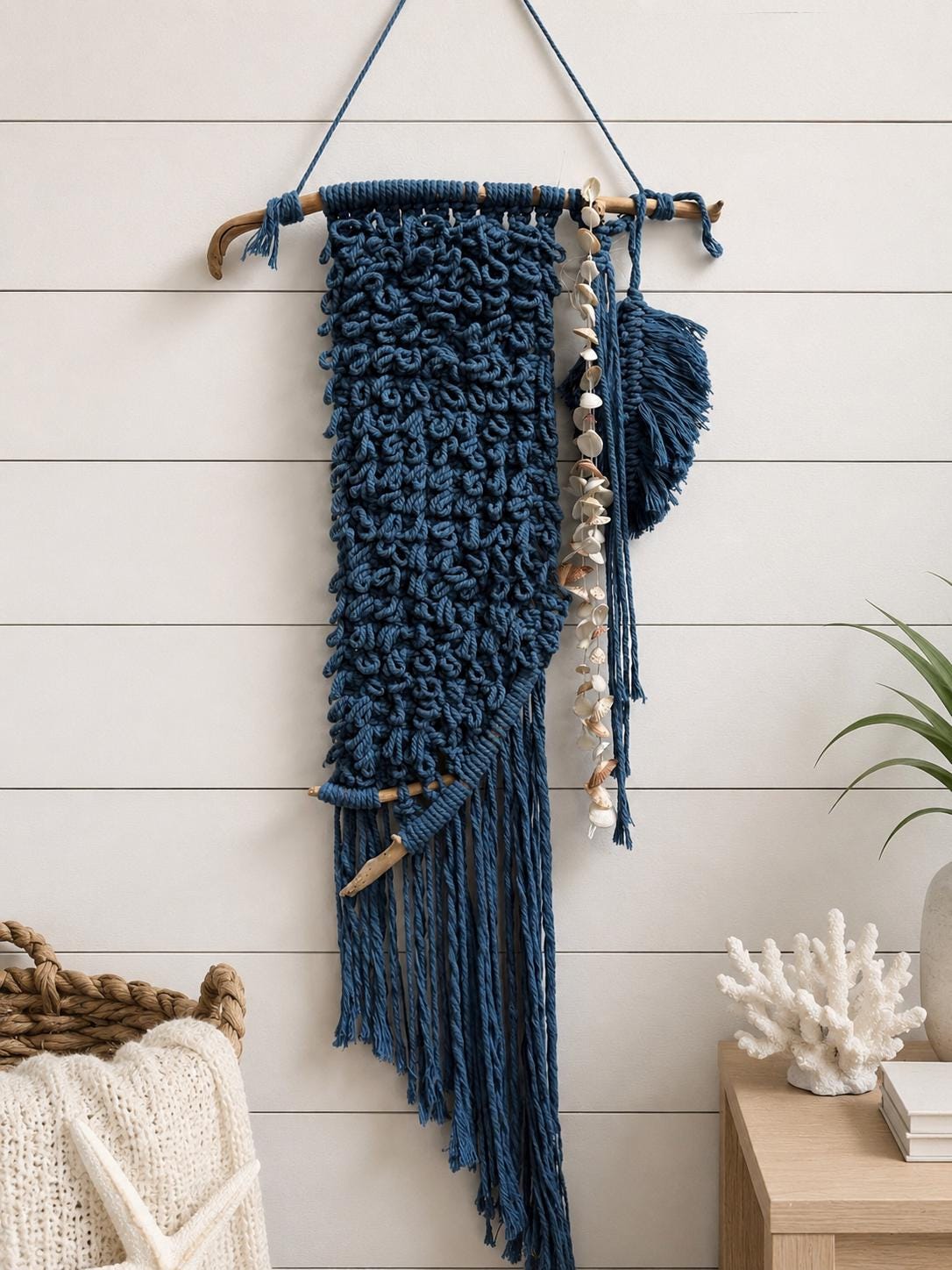 Coastal Handmafe Macrame Mixed Media Wall Hanging, Driftwood Wall Art, Ocean Blue Fiber Art, Beach House Decor, One of a Kind