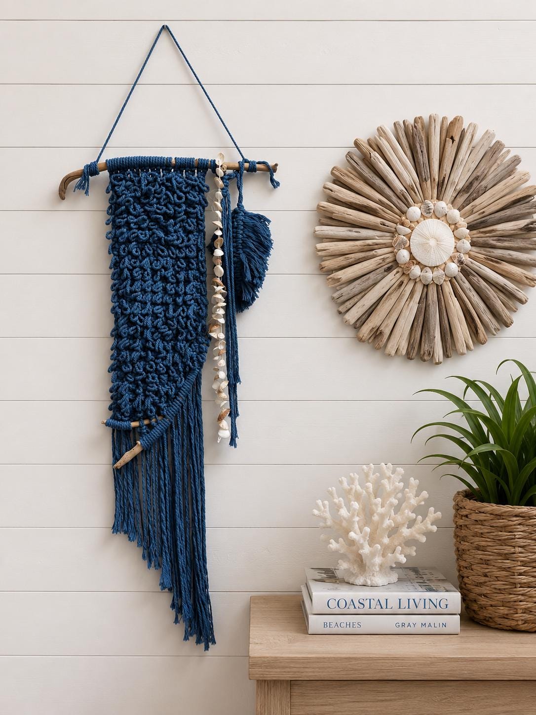 Coastal Handmafe Macrame Mixed Media Wall Hanging, Driftwood Wall Art, Ocean Blue Fiber Art, Beach House Decor, One of a Kind