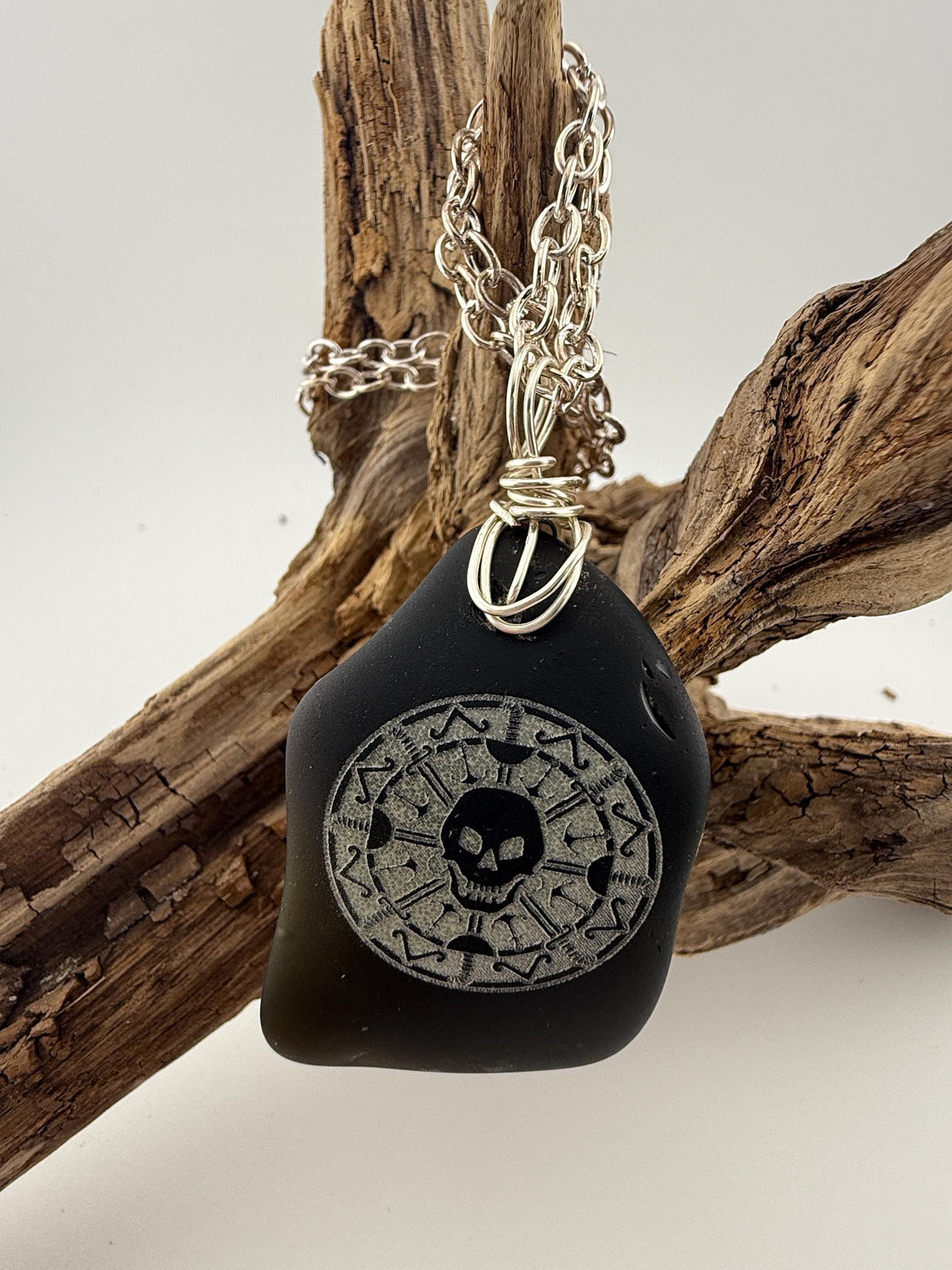 Rare Pirate Sea Glass Necklace – Laser Engraved Caribbean Sea Glass Pendant, Thick Authentic Black Pirate Glass, Gift for Him