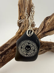 Rare Pirate Sea Glass Necklace – Laser Engraved Caribbean Sea Glass Pendant, Thick Authentic Black Pirate Glass, Gift for Him