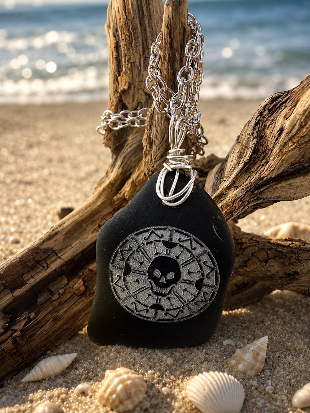 Rare Pirate Sea Glass Necklace – Laser Engraved Caribbean Sea Glass Pendant, Thick Authentic Black Pirate Glass, Gift for Him