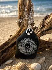 Rare Pirate Sea Glass Necklace – Laser Engraved Caribbean Sea Glass Pendant, Thick Authentic Black Pirate Glass, Gift for Him