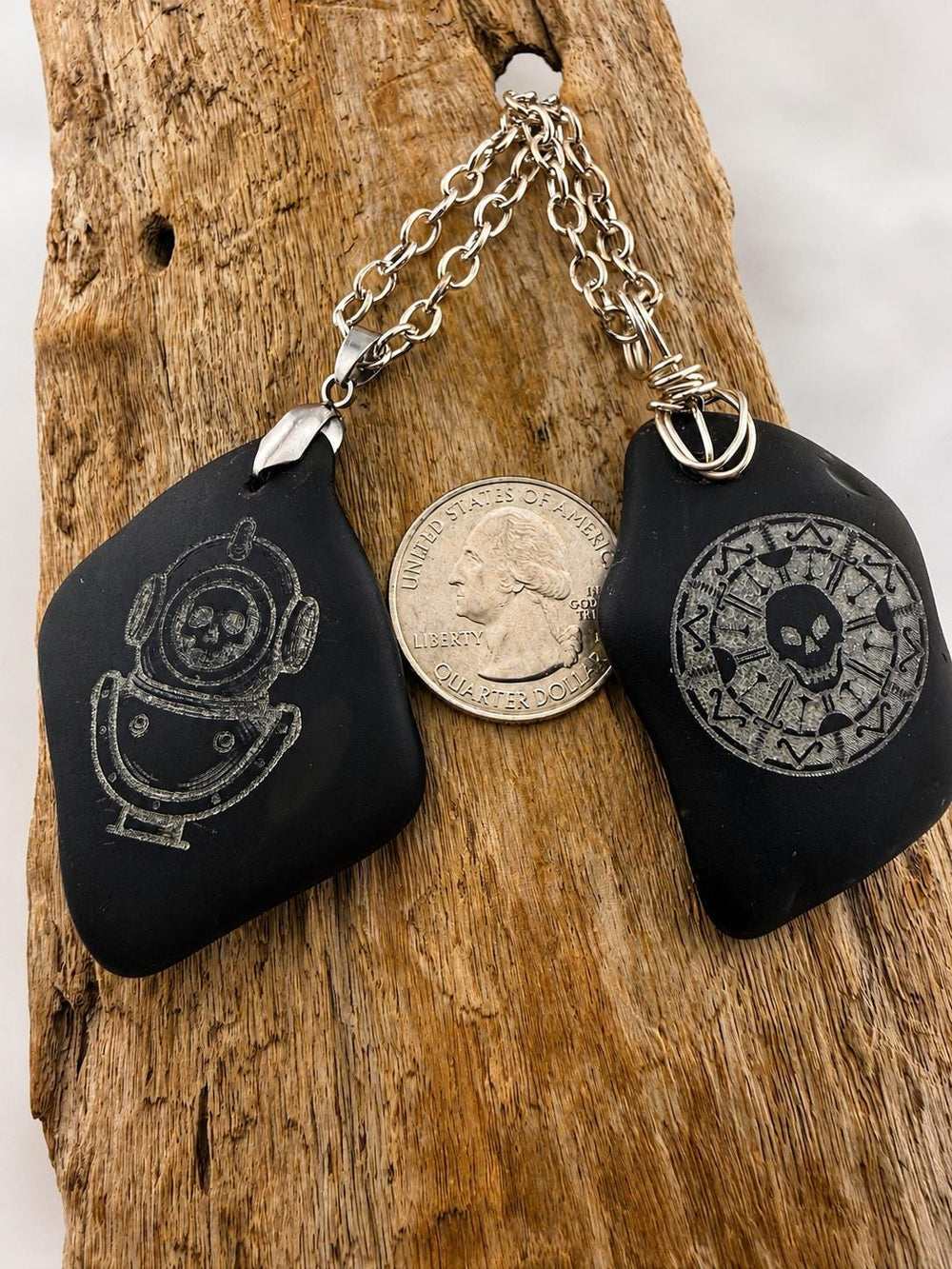Rare Pirate Sea Glass Necklace – Laser Engraved Caribbean Sea Glass Pendant, Thick Authentic Black Pirate Glass, Gift for Him