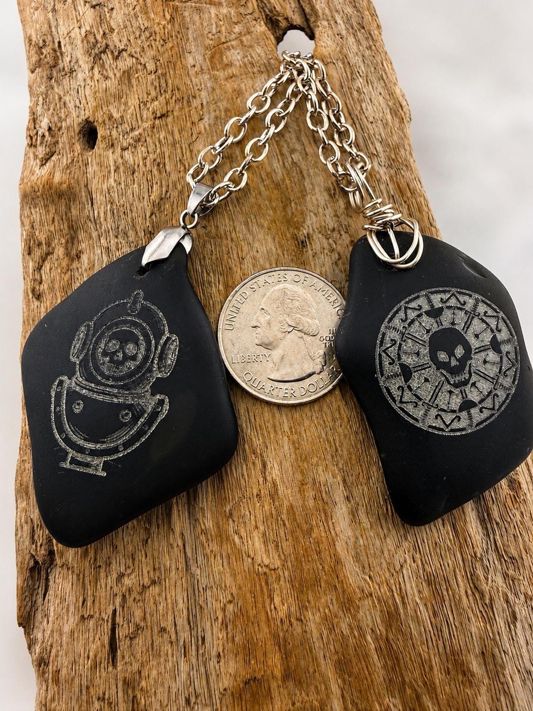 Rare Pirate Sea Glass Necklace – Laser Engraved Caribbean Sea Glass Pendant, Thick Authentic Black Pirate Glass, Gift for Him