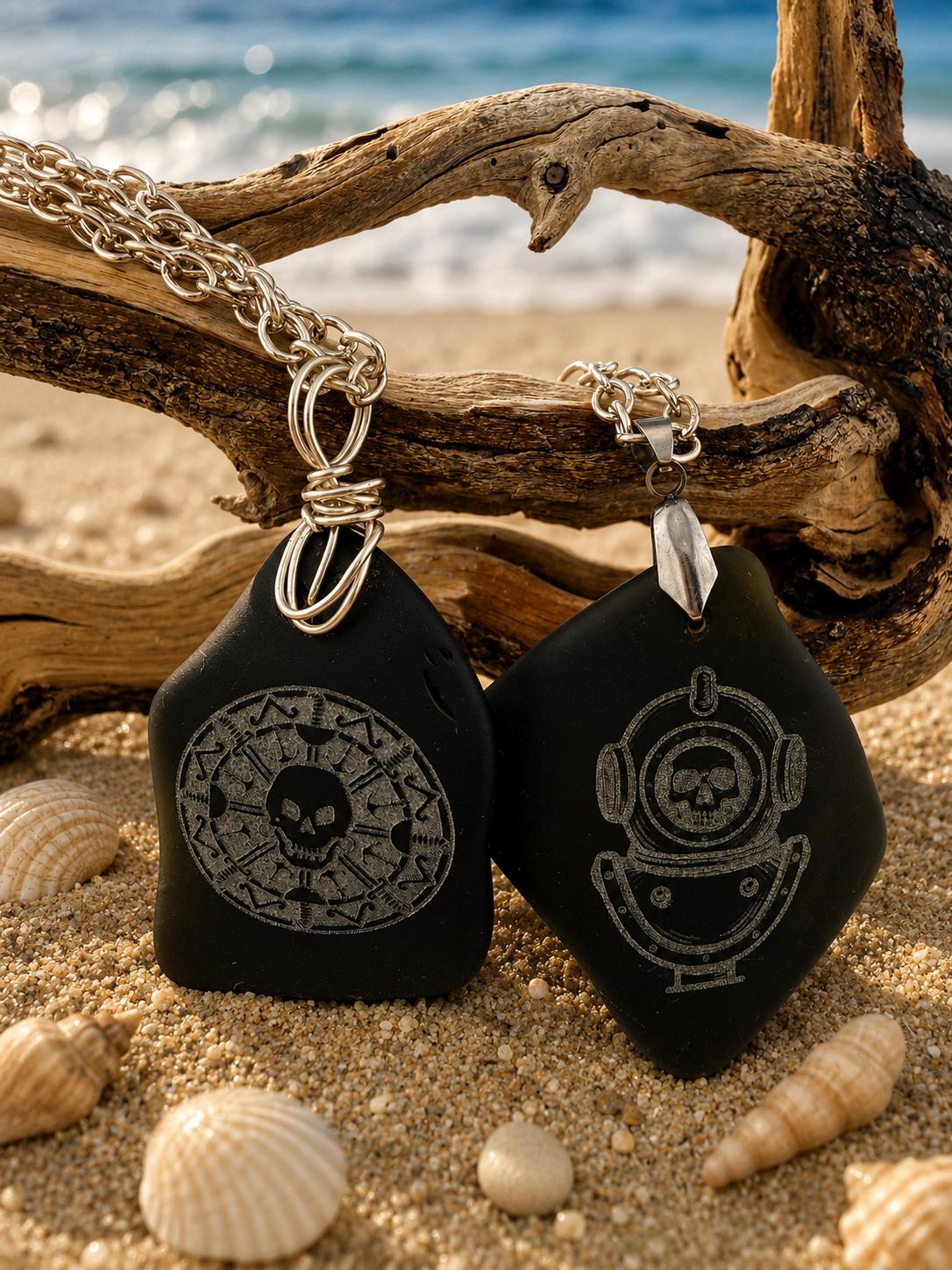 Rare Pirate Sea Glass Necklace – Laser Engraved Caribbean Sea Glass Pendant, Thick Authentic Black Pirate Glass, Gift for Him