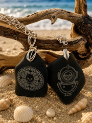 Rare Pirate Sea Glass Necklace – Laser Engraved Caribbean Sea Glass Pendant, Thick Authentic Black Pirate Glass, Gift for Him
