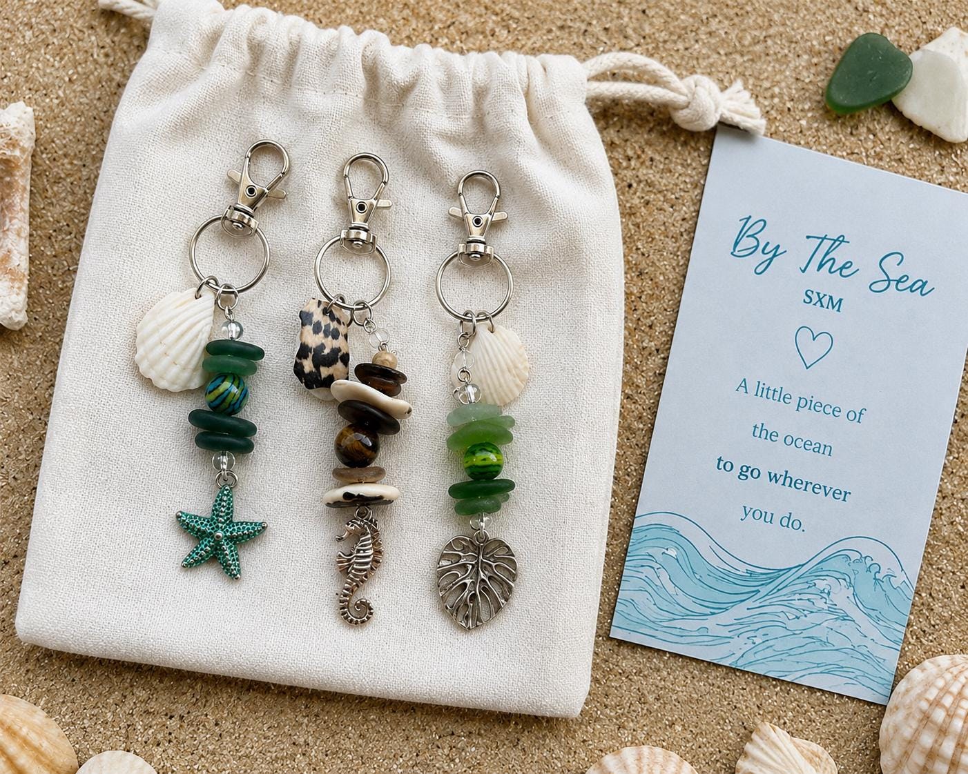 Genuine Sea Glass Bag Charm, Beach Bag Charm, Backpack Accessory, Handmade Coastal Gift for her