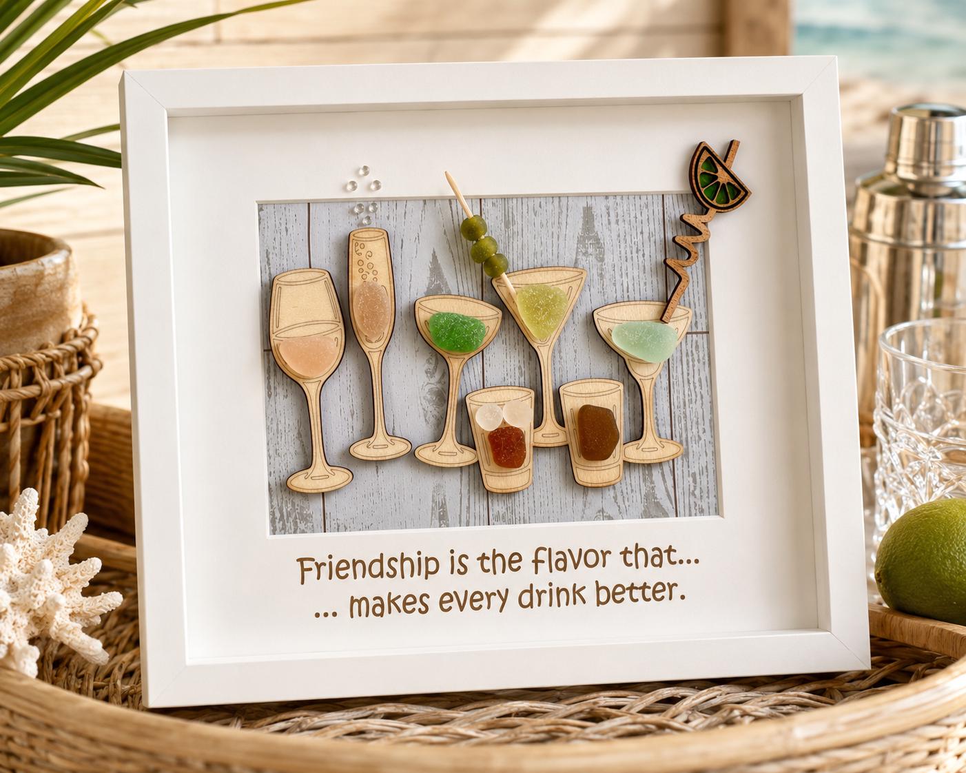 Coastal Cocktail Wall Art – Genuine Caribbean Sea Glass – Home Bar Decor – Friendship Gift – Handmade Coastal Decor