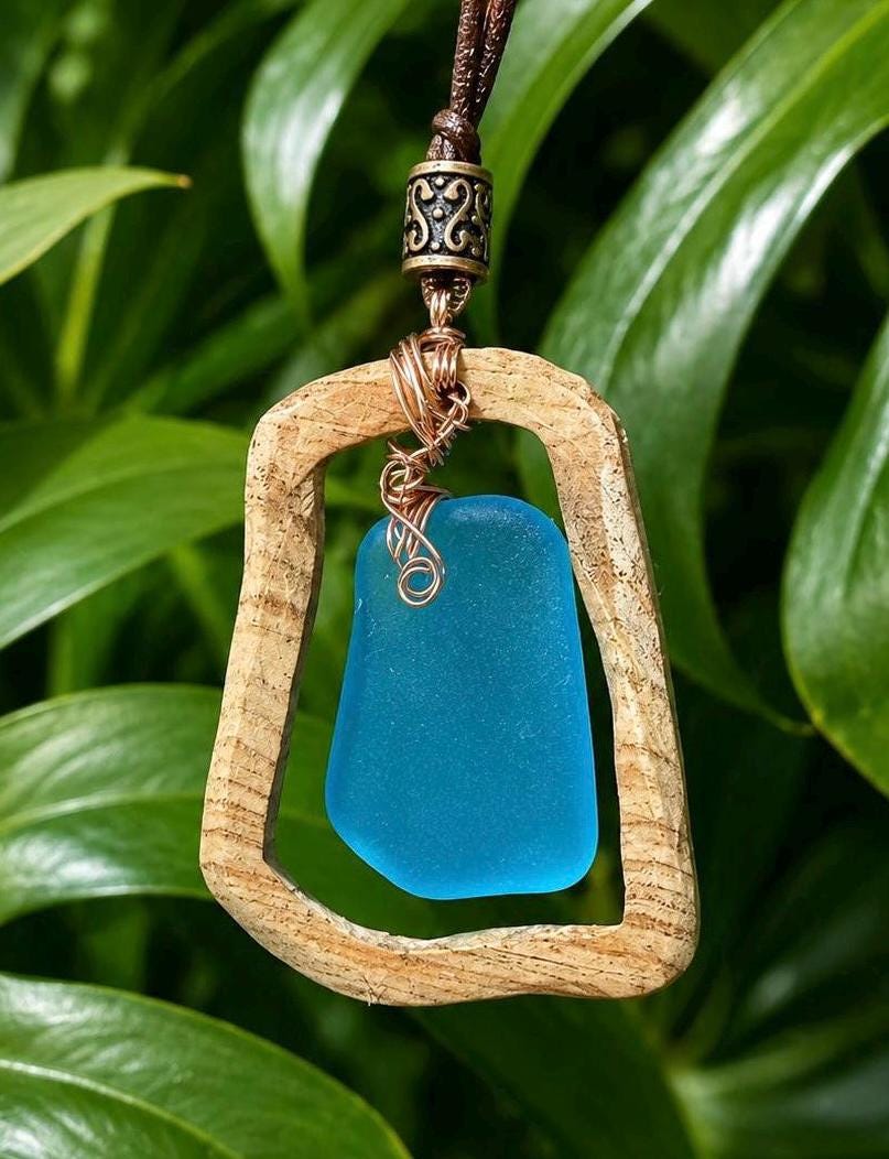Carried by the Sea, Framed by Hand - A Fusion of Ocean and Wood - Authentic Caribbean Sea Glass Pendant Necklace