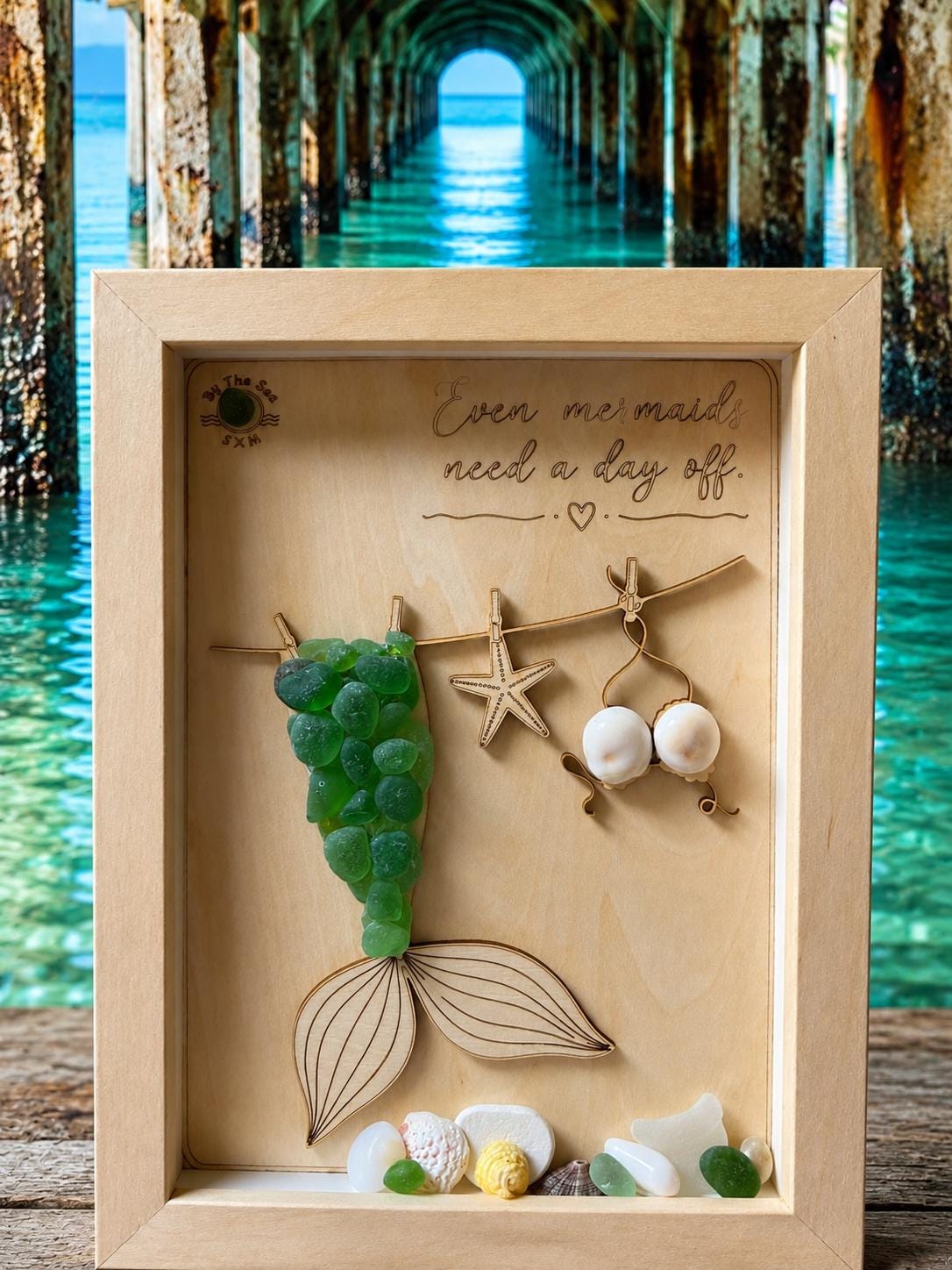 NEW Sea Glass Mermaid Laundry Day Shadow Box - Even Mermaids Need a Day Off - Handmade Coastal Beach Decor - 5x7 Personalized