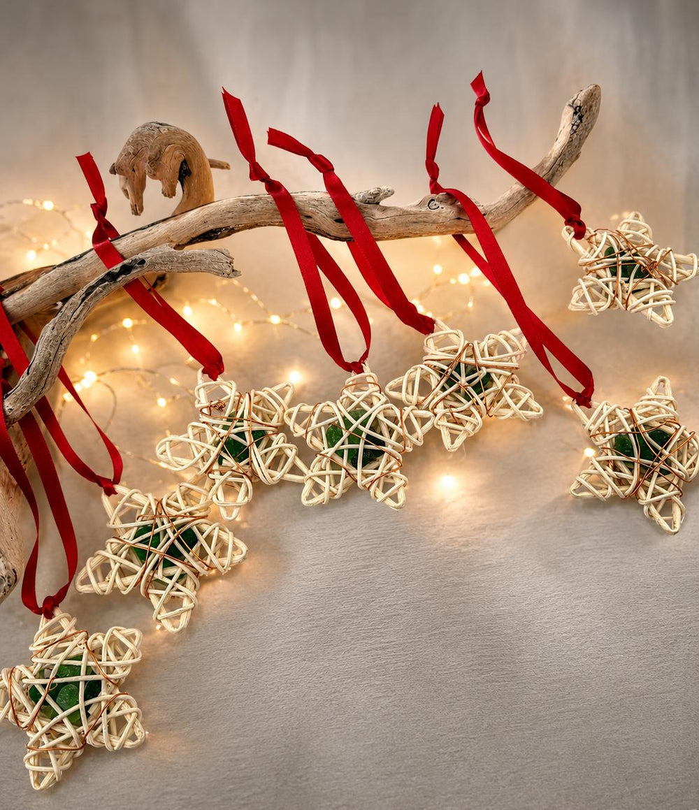 Sea Glass and Rattan Star Ornaments –   Holiday Ornaments or Friend Gift Tags