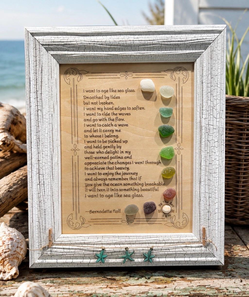 I Want to Age Like Sea Glass Poem | Framed Sea Glass Coastal Art | Inspirational Birthday Gift for Mom, Friend, Sister, Beach