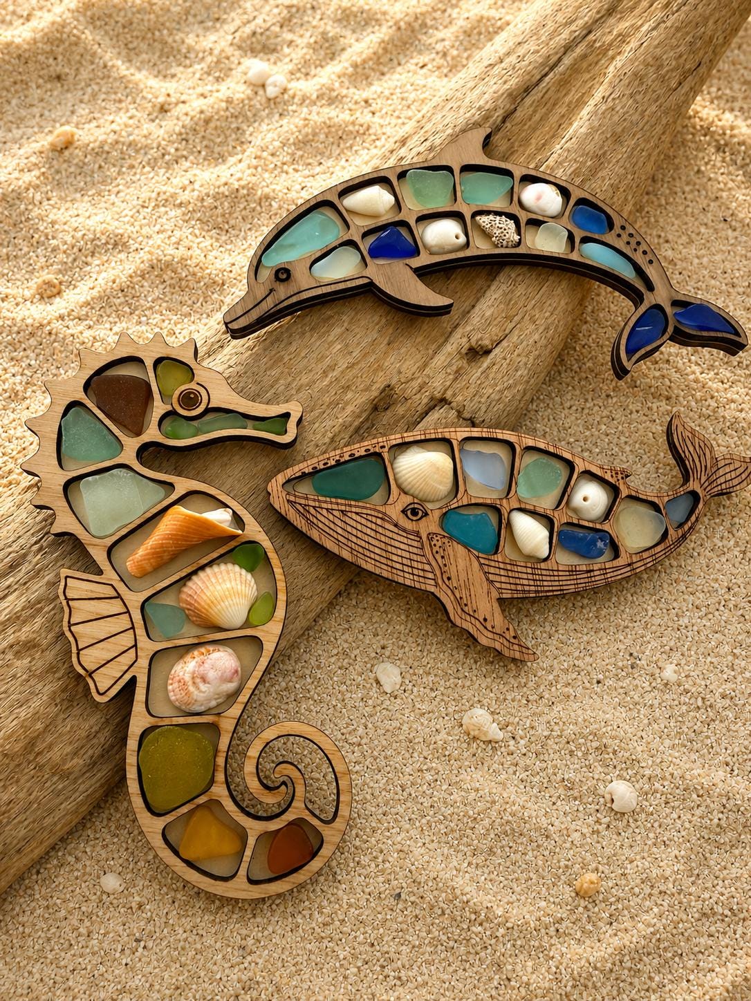 Ocean Curios™ Collection - Genuine Sea Glass Coastal Collectible with Driftwood Display.