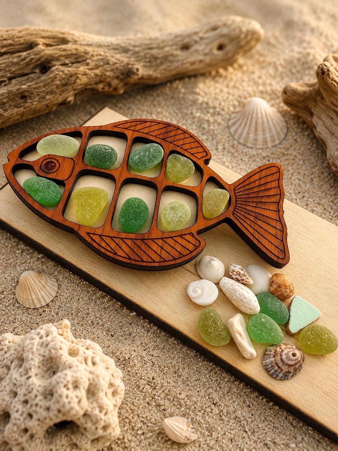 Ocean Treasure Fish™ - Interactive Sea Glass Curio Display - Genuine Caribbean Sea Glass - Coastal Decor Gift
