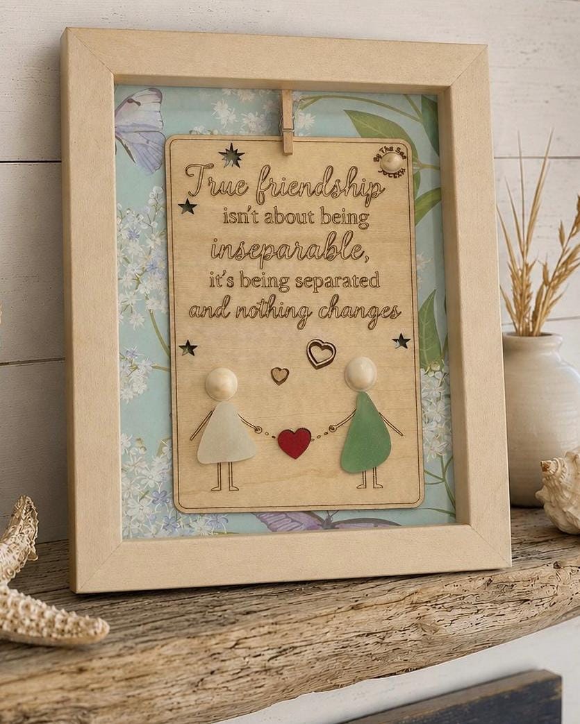 True Friendship Frame – 5x7 Sea Glass Keepsake with Quote, Handmade Personalized Gift for Best Friend, Long Distance or Farew