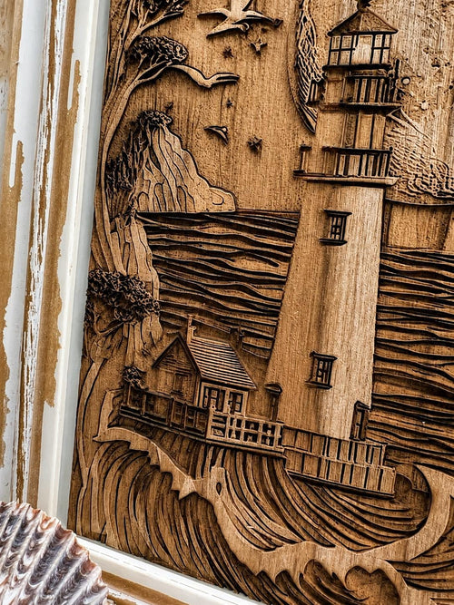 3D Engraved Lighthouse Art, Vintage Coastal Frame, Nautical Wood Decor