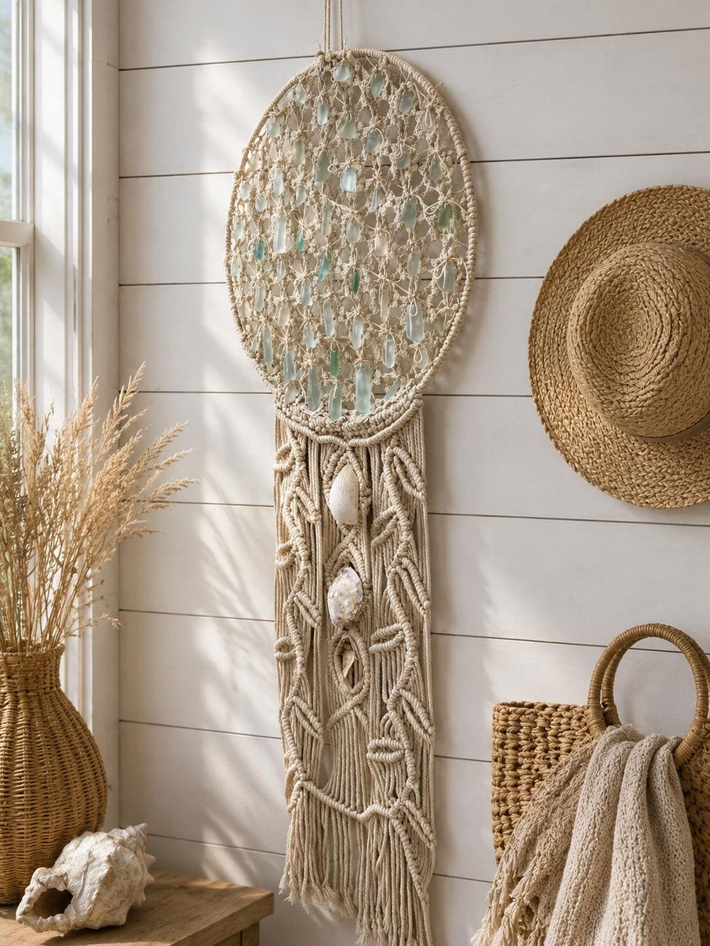 Morning Tide Sea Glass Wall Hanging, Coastal Fiber Art, Vintage Doily Wall Beach Decor, Handmade Sea Glass Wall Hanging, Coas
