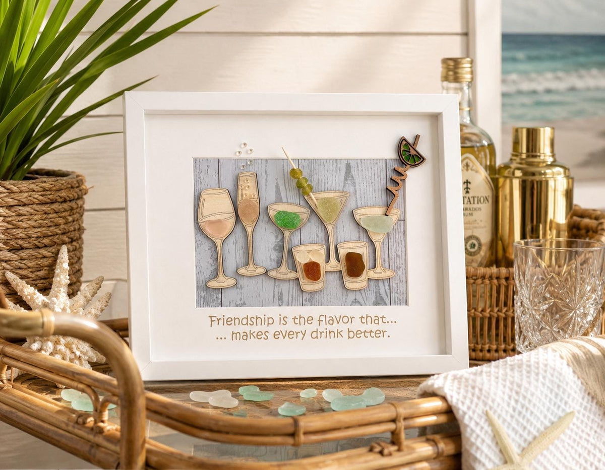 Coastal Cocktail Wall Art – Genuine Caribbean Sea Glass – Home Bar Decor – Friendship Gift – Handmade Coastal Decor