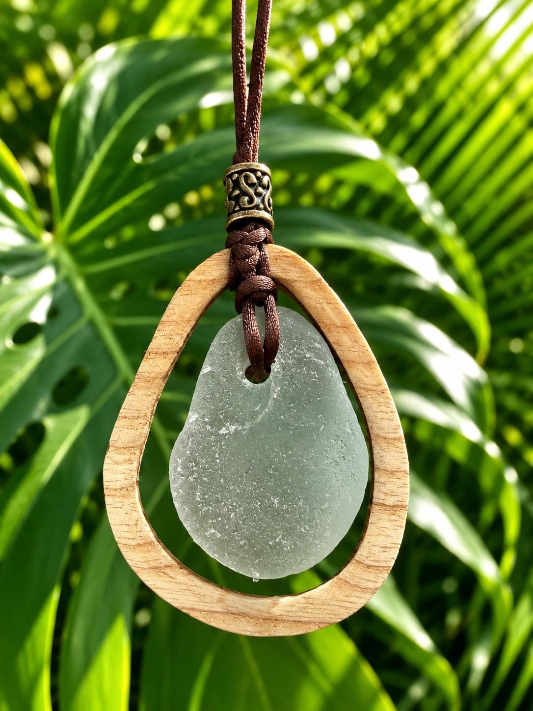 Carried by the Sea, Framed by Hand - A Fusion of Ocean and Wood - Authentic Caribbean Sea Glass Pendant Necklace