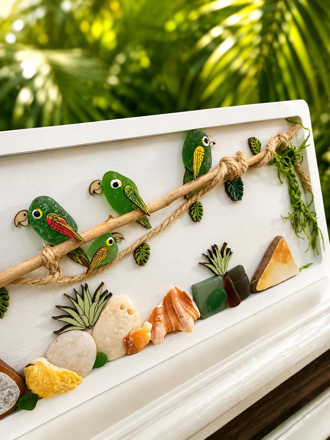 Handmade Genuine Sea Glass Parrot Wall Art, Tropical Coastal Decor, Driftwood & Shell Frame, Beach House Gift, Coastal Art