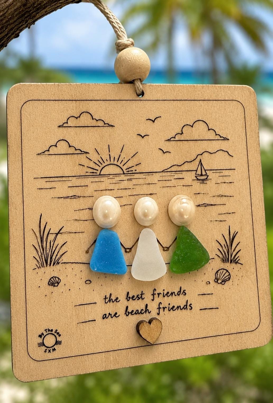 Beach Friends Ornament, Sea Glass Friendship Gift, Personalized Coastal Keepsake, Caribbean Sea Glass Decor