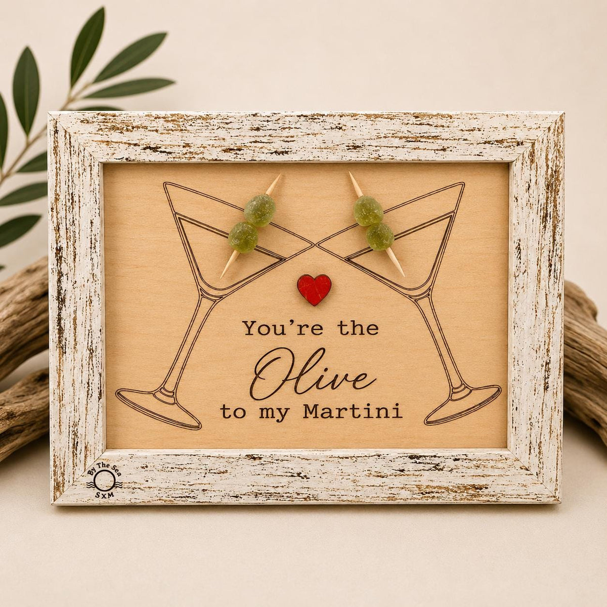 Genuine Sea Glass Olive Gifts, Ornament or Framed Sign, Friendship Gift, Anniversary Gift, Martini Lover Gift