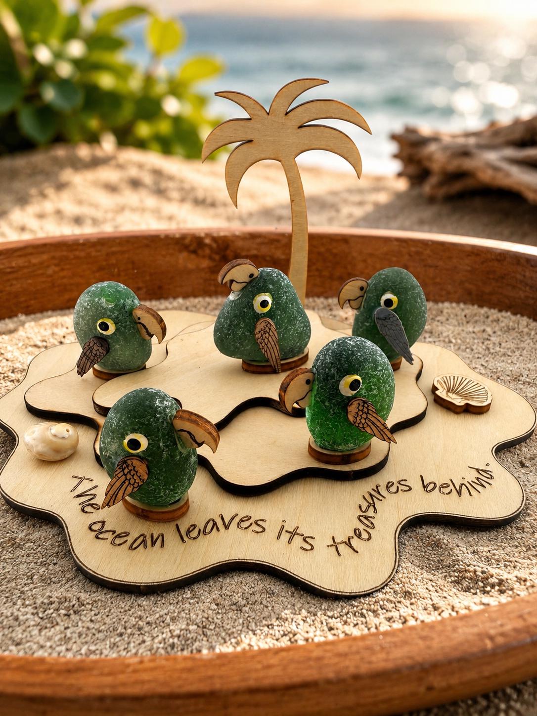 Personalized Parrot Island™ | Genuine Sea Glass Parrots | Tropical Beach Decor | Custom Family Gift | Caribbean Sea Glass