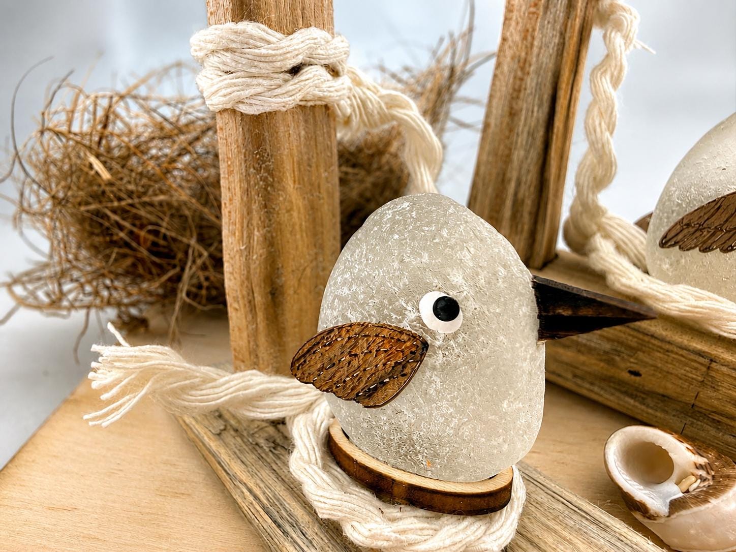 Sea Glass Shorebird on Driftwood - Coastal Beach Decor - Handmade Seaglass Bird Sculpture - Nautical Shelf Decor - Beach Hous
