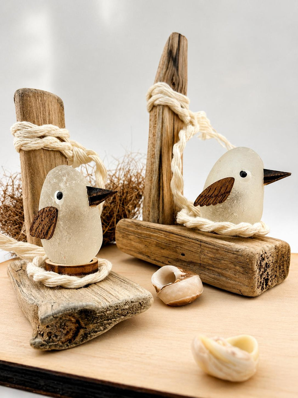 Sea Glass Shorebird on Driftwood - Coastal Beach Decor - Handmade Seaglass Bird Sculpture - Nautical Shelf Decor - Beach Hous