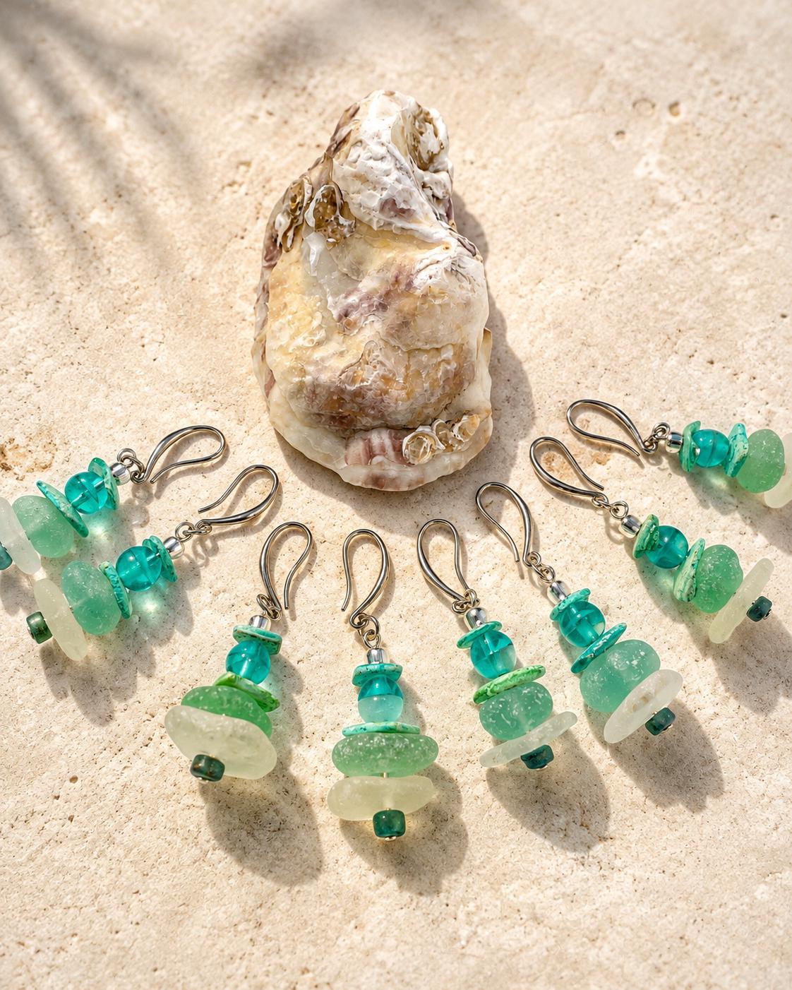 Mermaid Sea Glass Earrings with Palm Tree Holder, Caribbean Aqua Beach Glass Coastal Jewelry