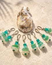 Mermaid Sea Glass Earrings with Palm Tree Holder, Caribbean Aqua Beach Glass Coastal Jewelry