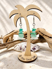 Mermaid Sea Glass Earrings with Palm Tree Holder, Caribbean Aqua Beach Glass Coastal Jewelry