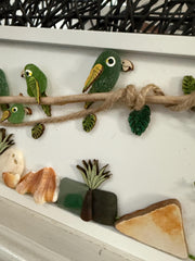 Handmade Genuine Sea Glass Parrot Wall Art, Tropical Coastal Decor, Driftwood & Shell Frame, Beach House Gift, Coastal Art