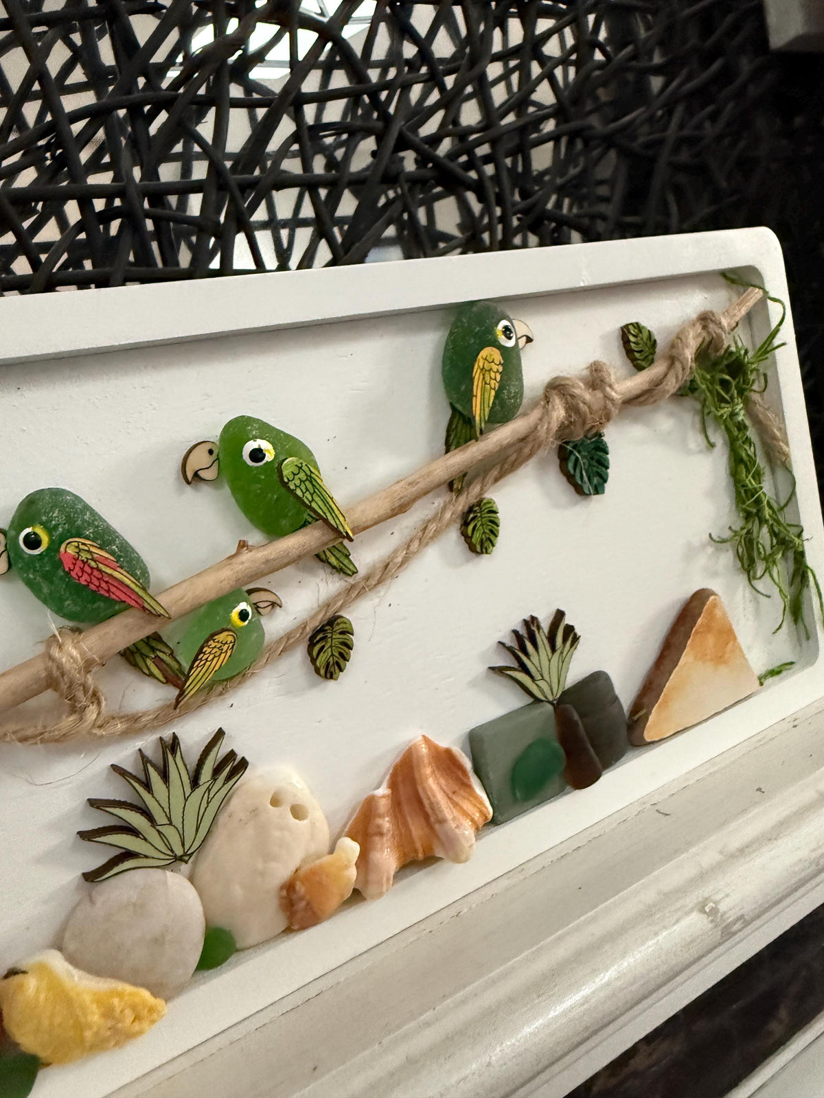 Handmade Genuine Sea Glass Parrot Wall Art, Tropical Coastal Decor, Driftwood & Shell Frame, Beach House Gift, Coastal Art