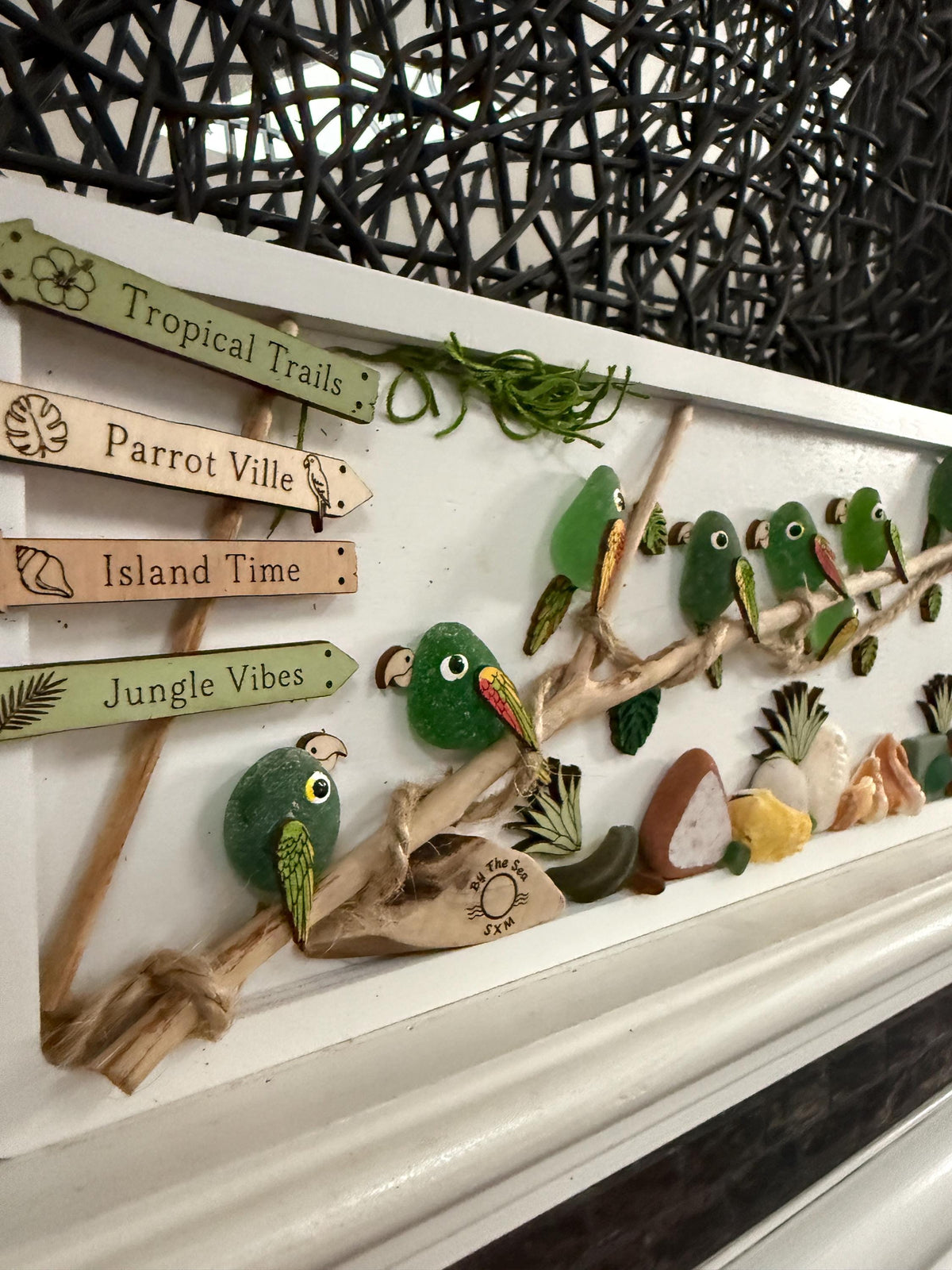 Handmade Genuine Sea Glass Parrot Wall Art, Tropical Coastal Decor, Driftwood & Shell Frame, Beach House Gift, Coastal Art