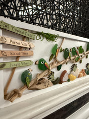 Handmade Genuine Sea Glass Parrot Wall Art, Tropical Coastal Decor, Driftwood & Shell Frame, Beach House Gift, Coastal Art