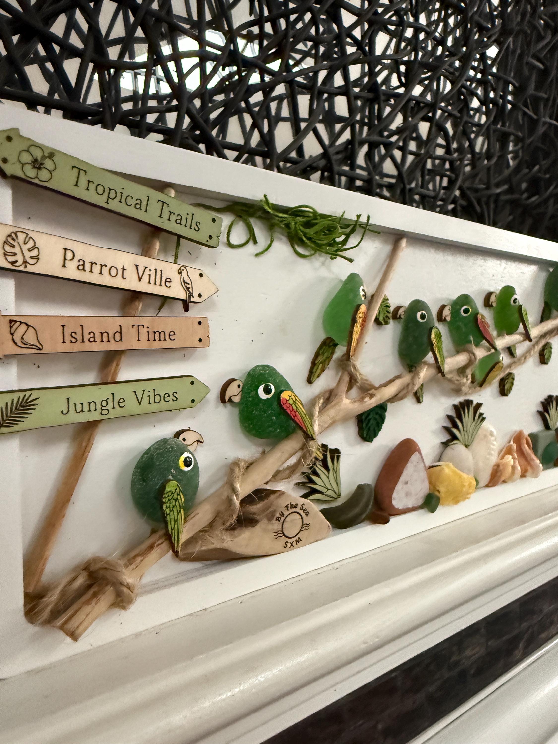 Handmade Genuine Sea Glass Parrot Wall Art, Tropical Coastal Decor, Driftwood & Shell Frame, Beach House Gift, Coastal Art