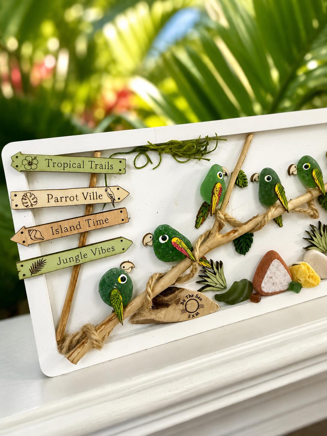 Handmade Genuine Sea Glass Parrot Wall Art, Tropical Coastal Decor, Driftwood & Shell Frame, Beach House Gift, Coastal Art